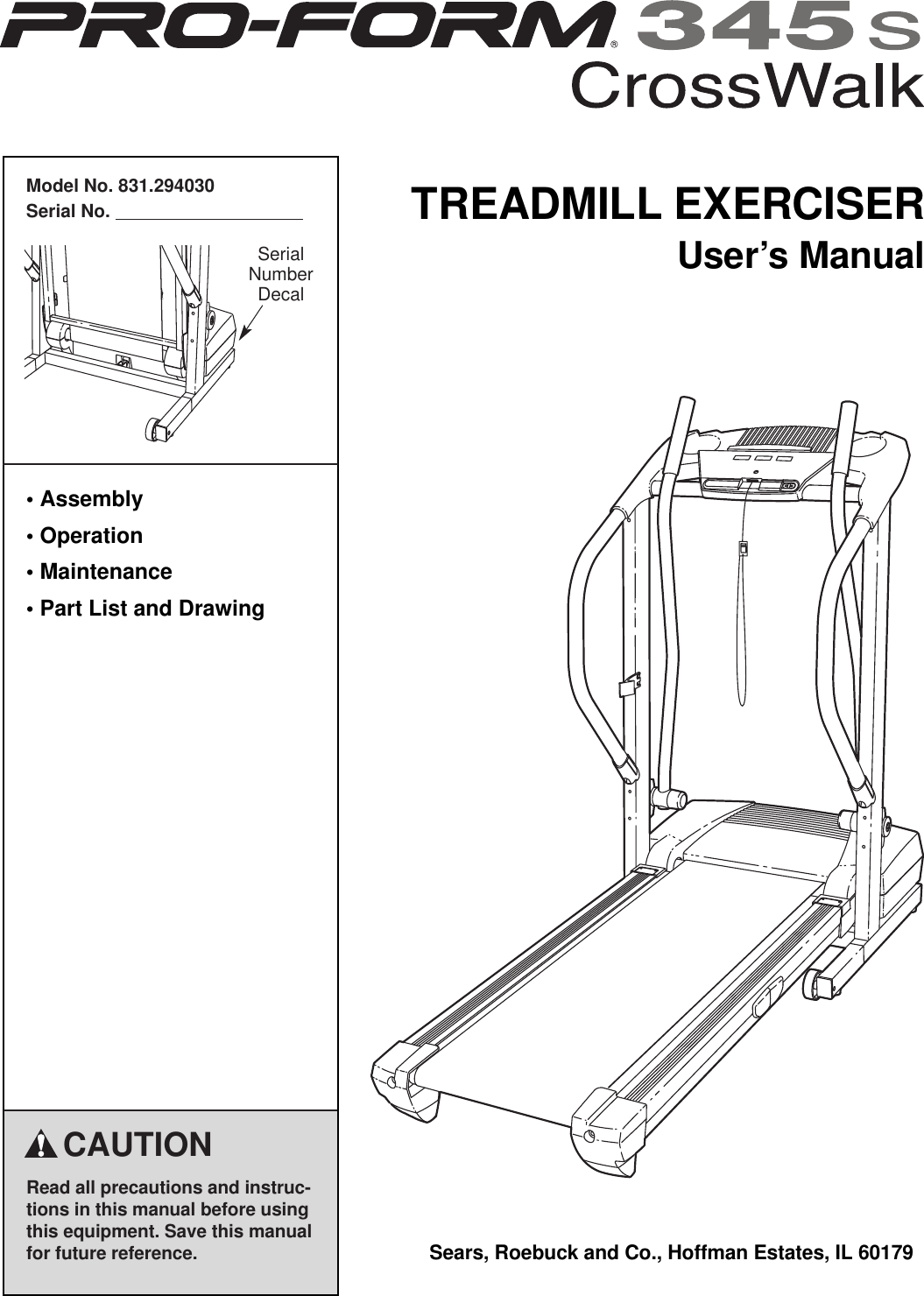 Proform Crosswalk S Treadmill Users Manual