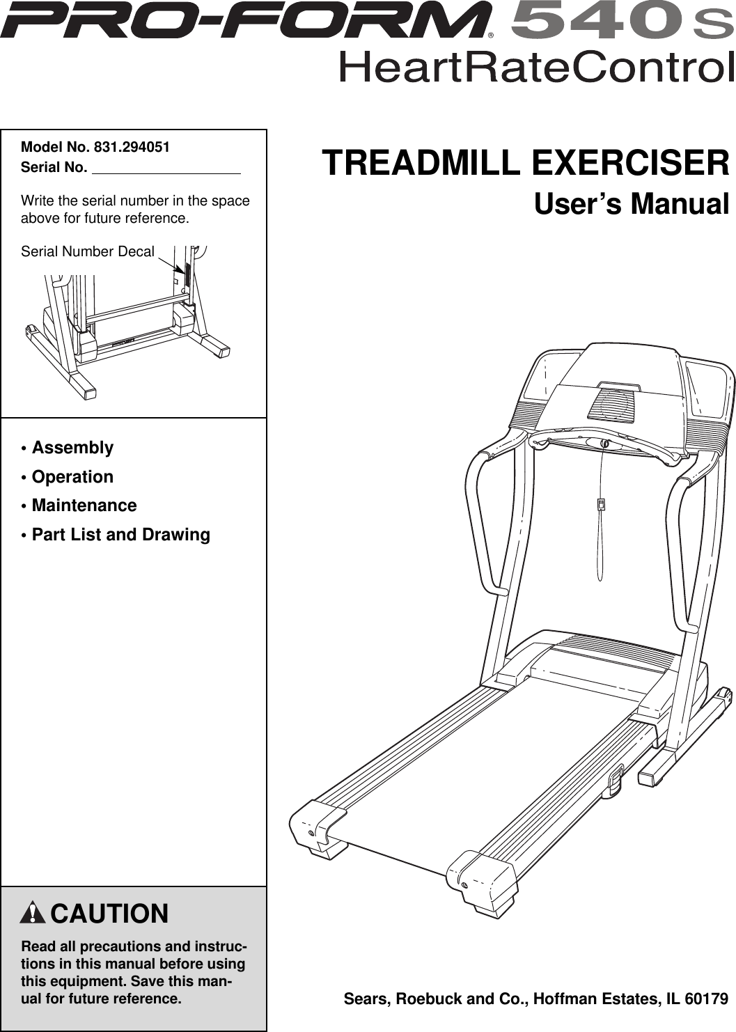 Proform 294051 540S Treadmill Users Manual