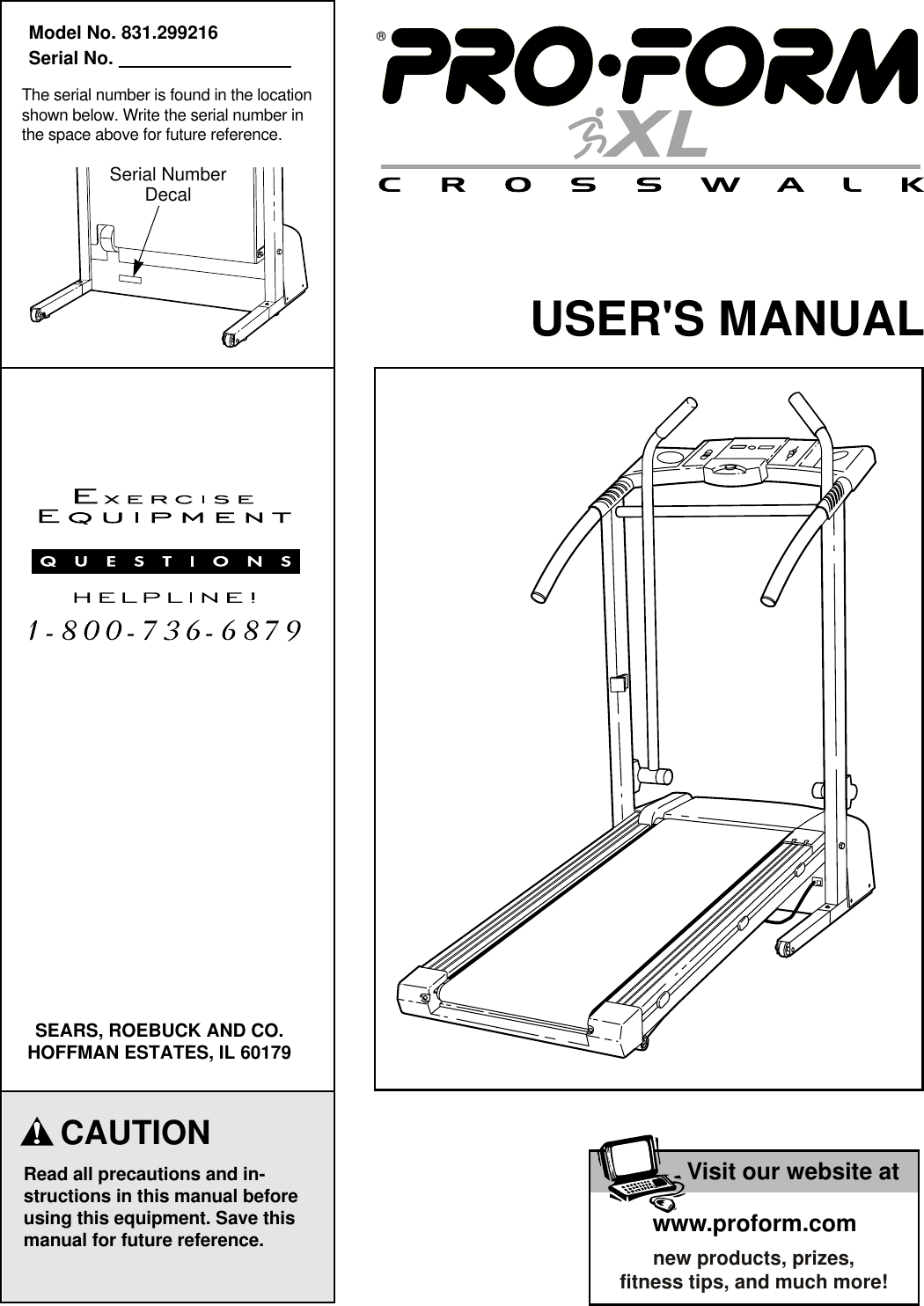 Proform 299216 Crosswalk Xl Treadmill Users Manual