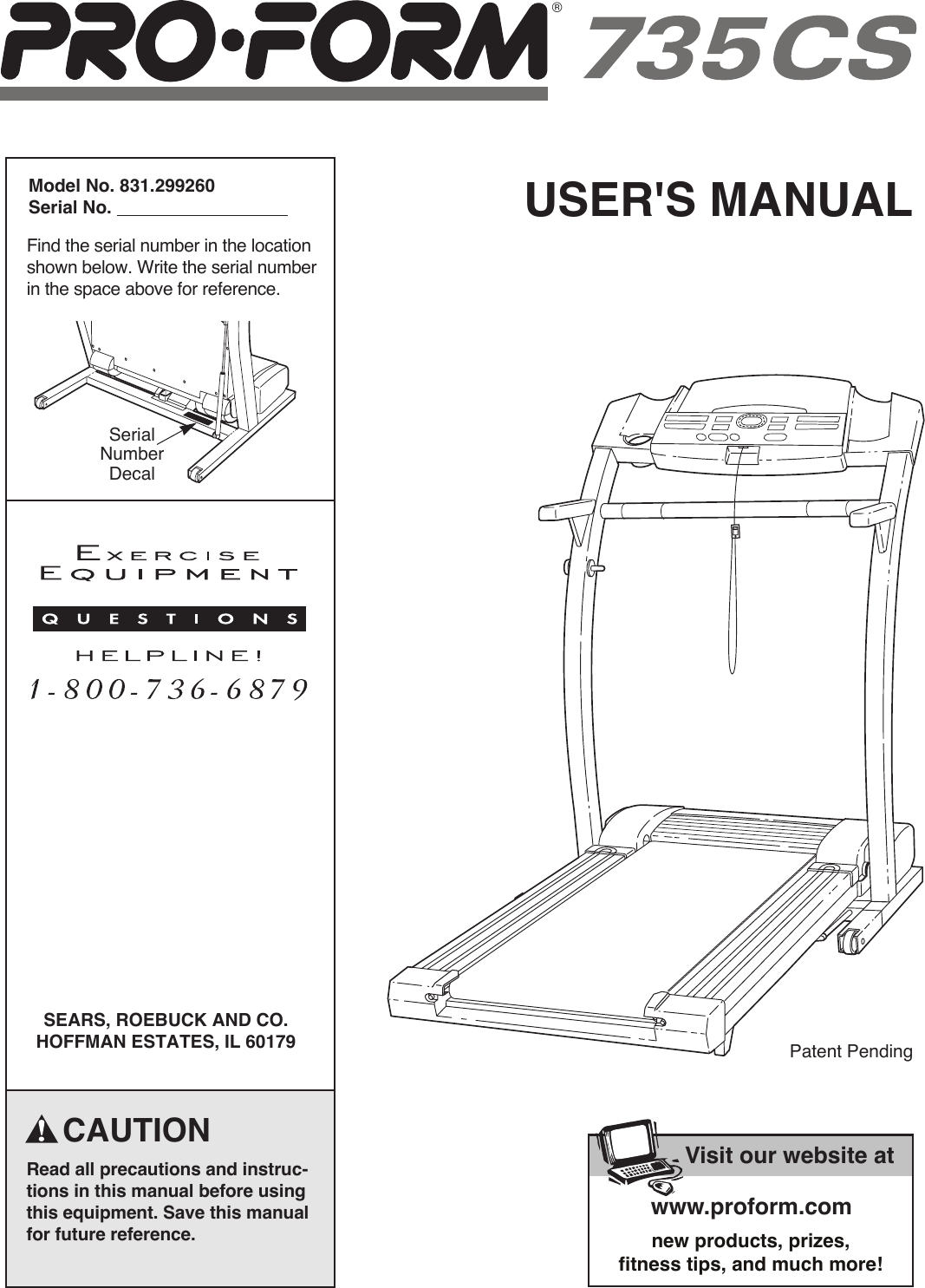 Proform 299260 735Cs Treadmill Users Manual *299260 163772