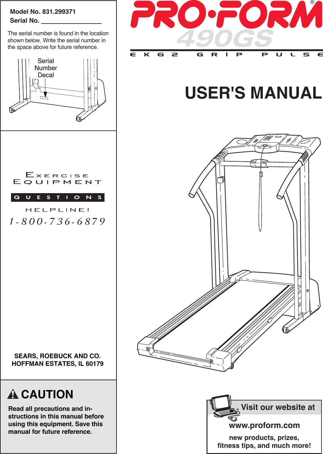 Proform 299371 490Gs Treadmill Users Manual *299371 159197