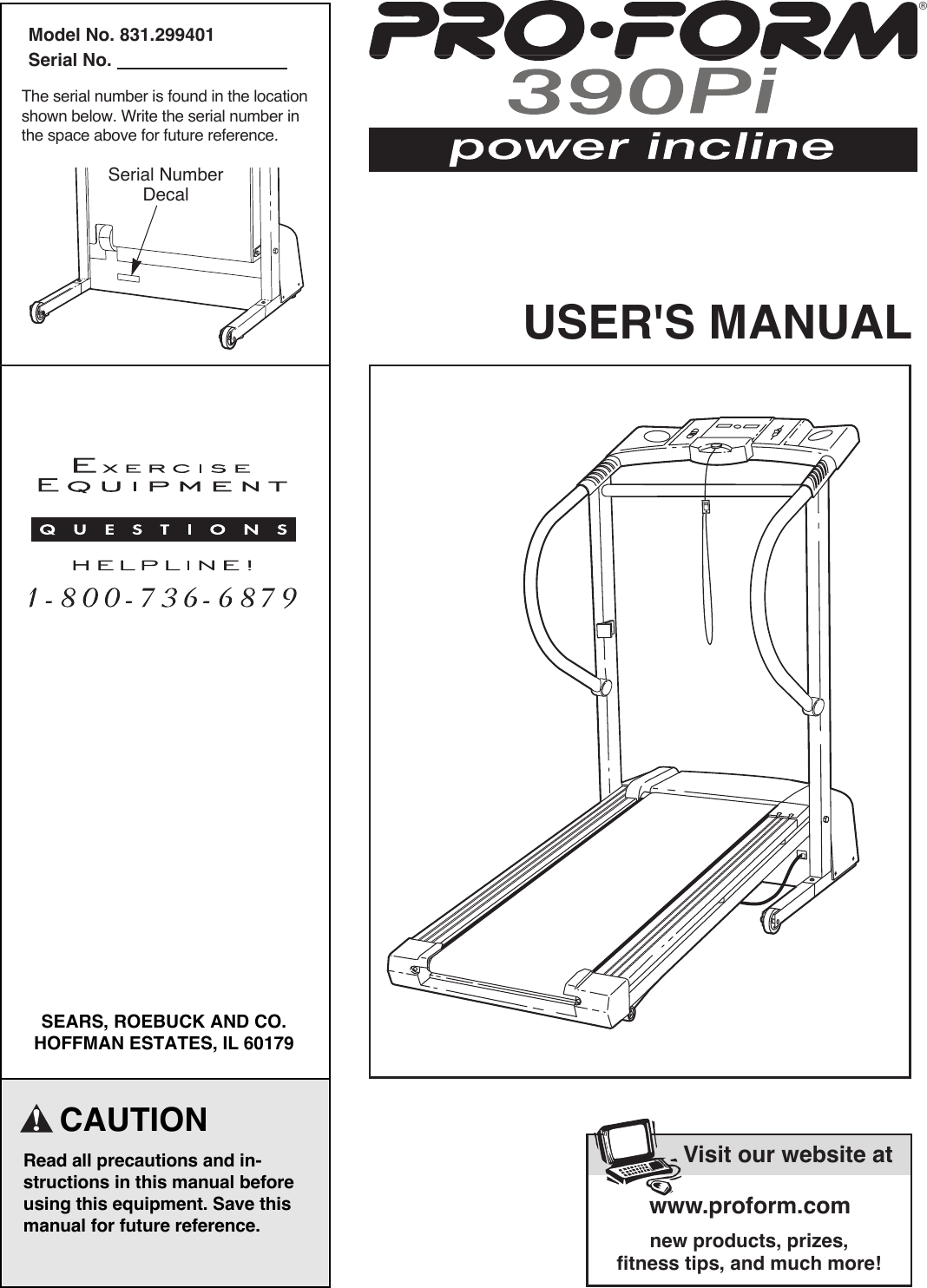 Proform 299401 390Pi Rt2 0 Treadmill Users Manual *299401 167863