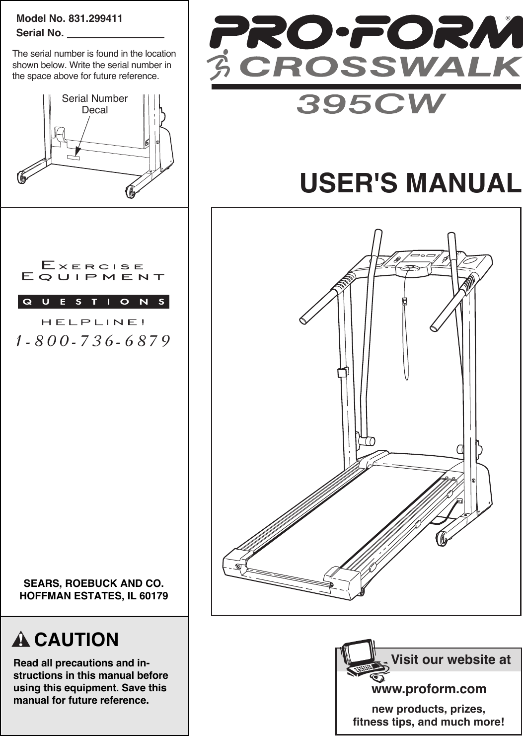 Proform 299411 395Cw Treadmill Users Manual *299411 167865