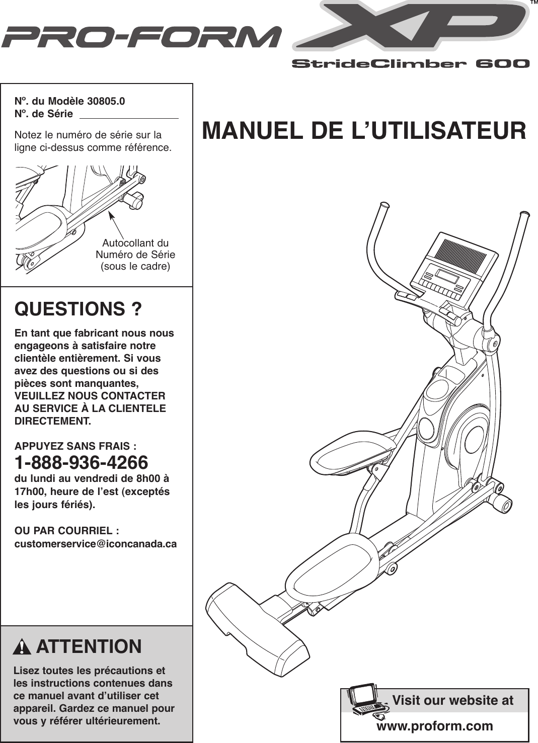 Proform 308050 Xp Strideclimber600 Elliptical Users Manual 285430