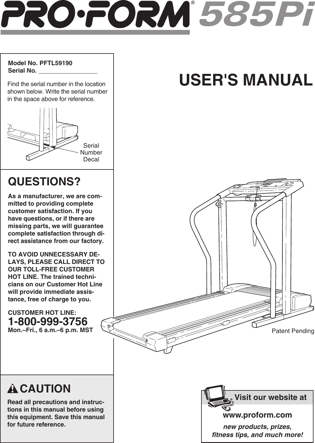 Proform 585 Pi Users Manual Pftl59190 159107