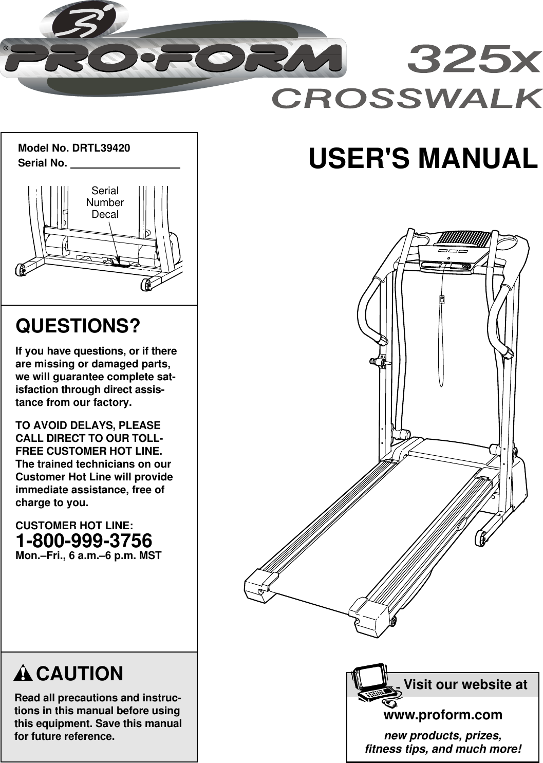 Proform Drtl39420 Crosswalk 325X Treadmill Users Manual
