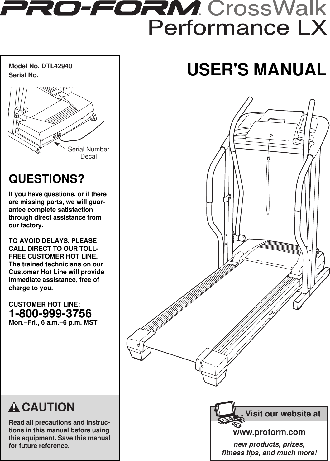 Proform Dtl42940 Crosswalk Performance Lx Treadmill Users Manual