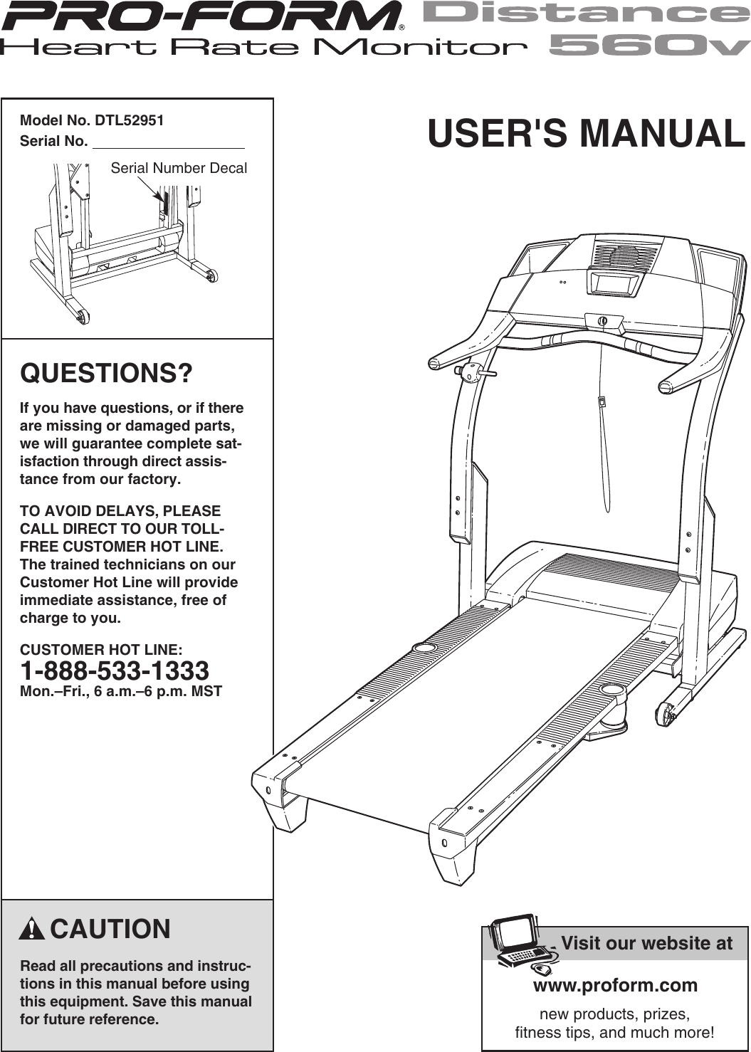 Proform Dtl52951 Distance 560V Treadmill Users Manual *294060 204705