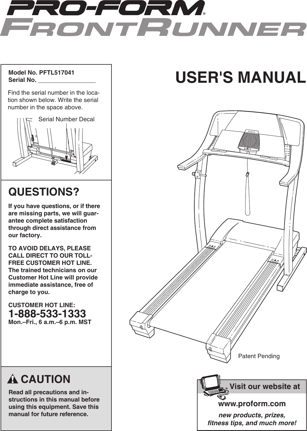 Proform Frontrunner No Pftl517041 Users Manual *PFTL71230 201833