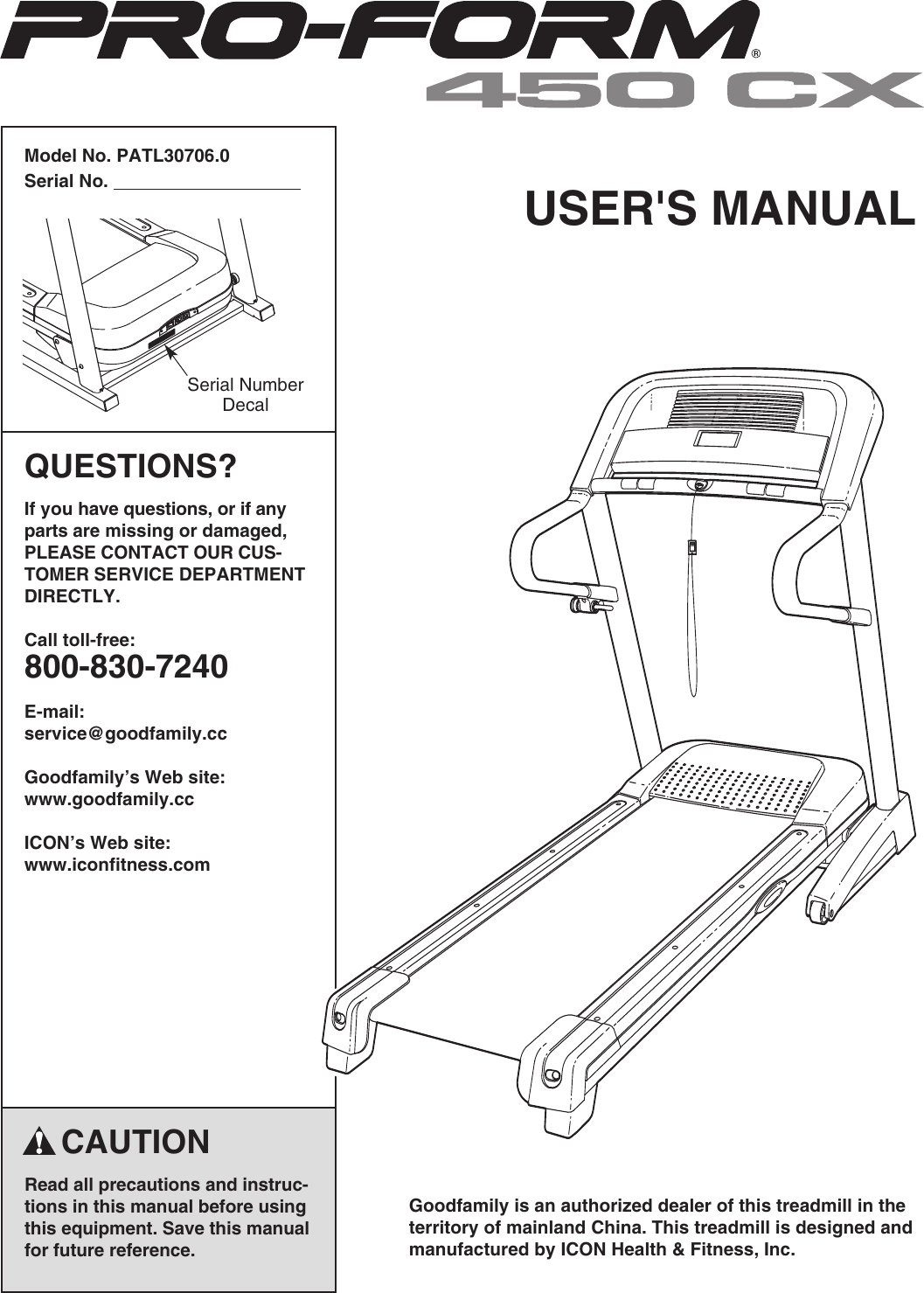 Proform Patl307060 450 Cx Treadmill Users Manual 294241 205863
