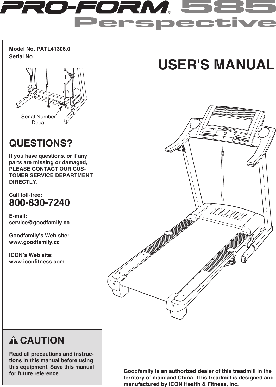 Proform Patl413060 585 Perspective Treadmill Users Manual *PFTL79022 201014