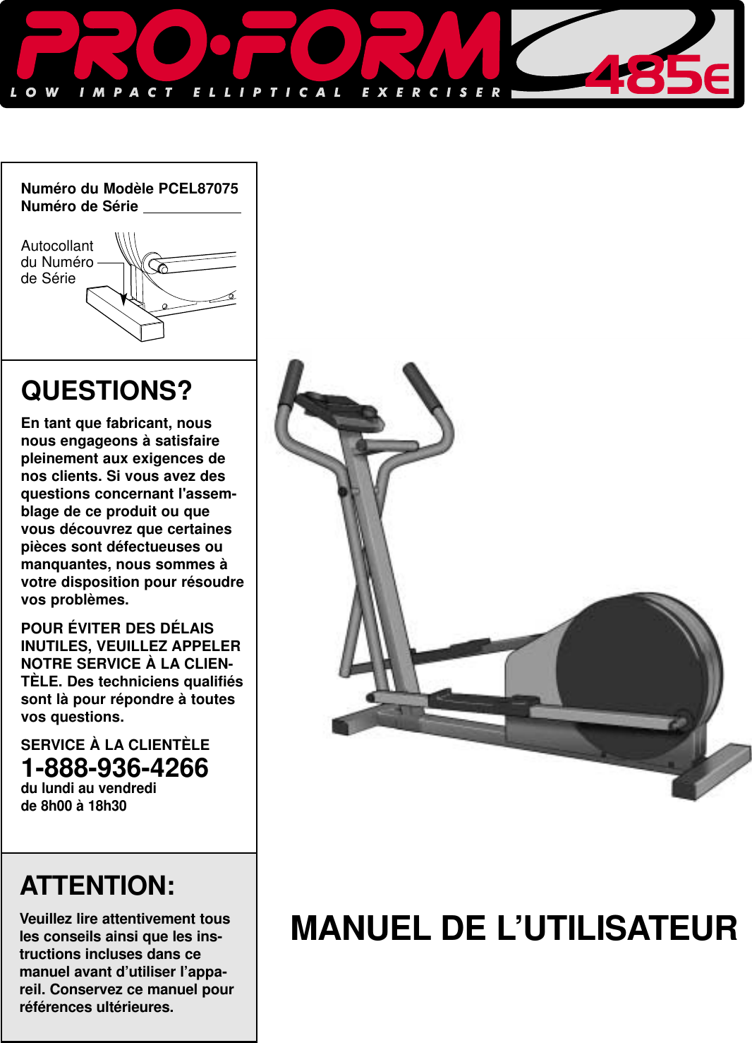 Proform Pcel87075 485E Elliptical Users Manual