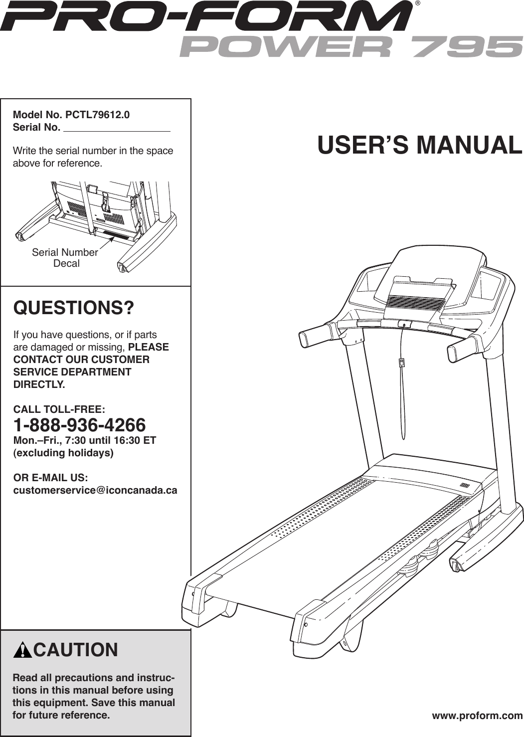 Proform Pctl796120 Power 795 Cwl Treadmill Users Manual