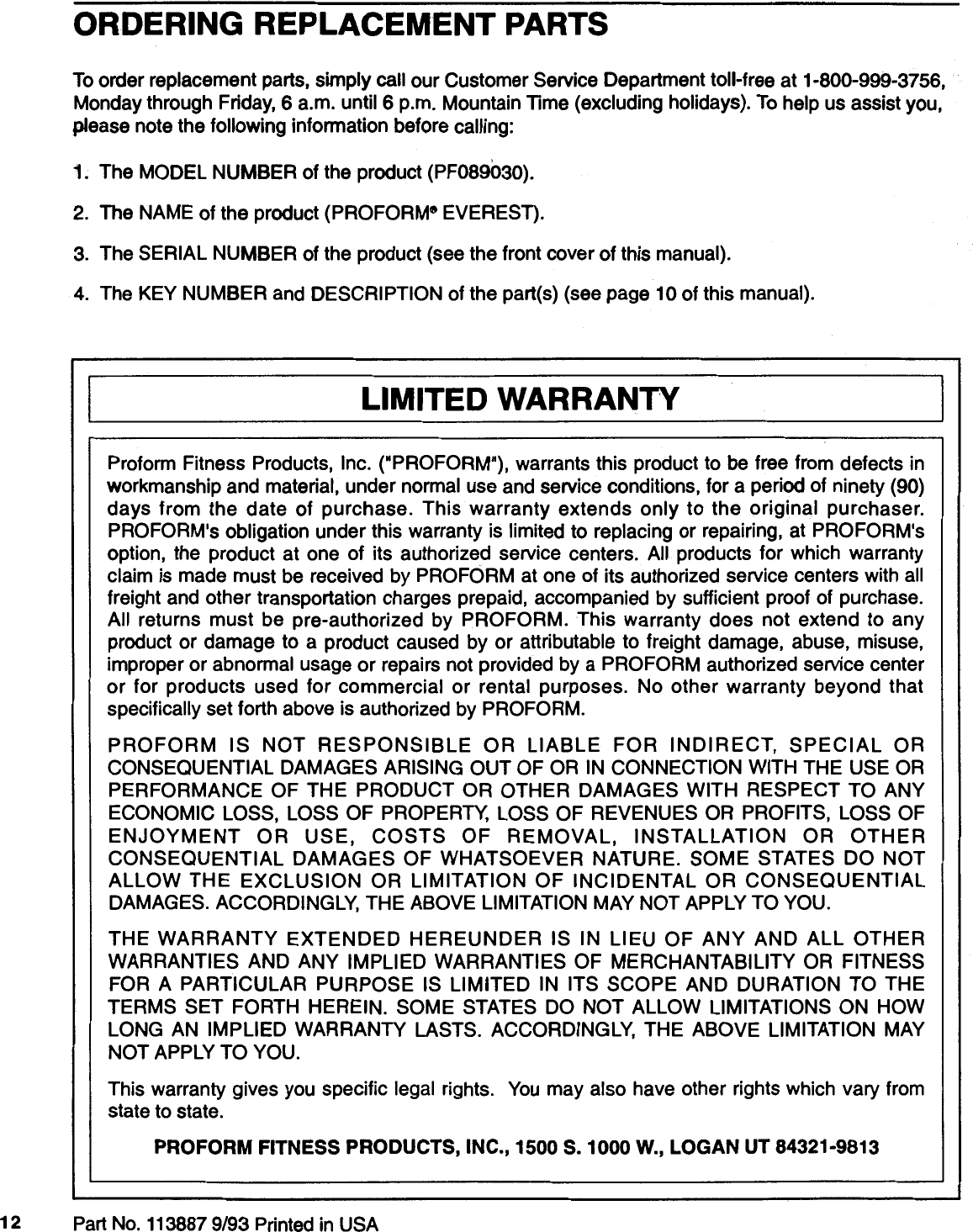 Page 12 of 12 - Proform Proform-Pf089030-Everest-Climber-Users-Manual-  Proform-pf089030-everest-climber-users-manual