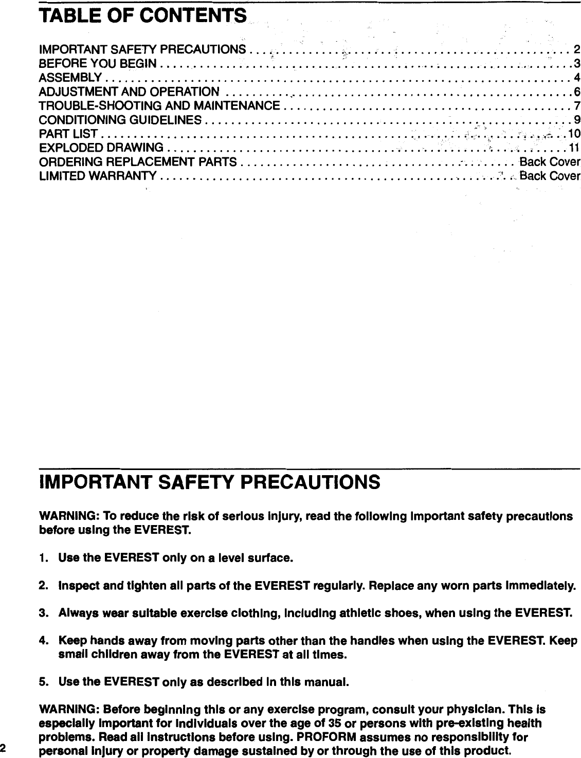 Page 2 of 12 - Proform Proform-Pf089030-Everest-Climber-Users-Manual-  Proform-pf089030-everest-climber-users-manual