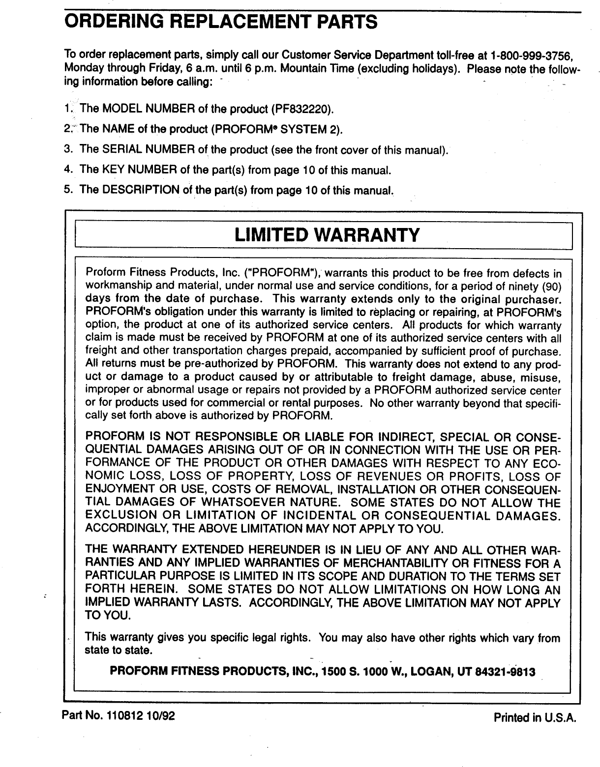 Page 12 of 12 - Proform Proform-Pf832220-System-2-Users-Manual-  Proform-pf832220-system-2-users-manual
