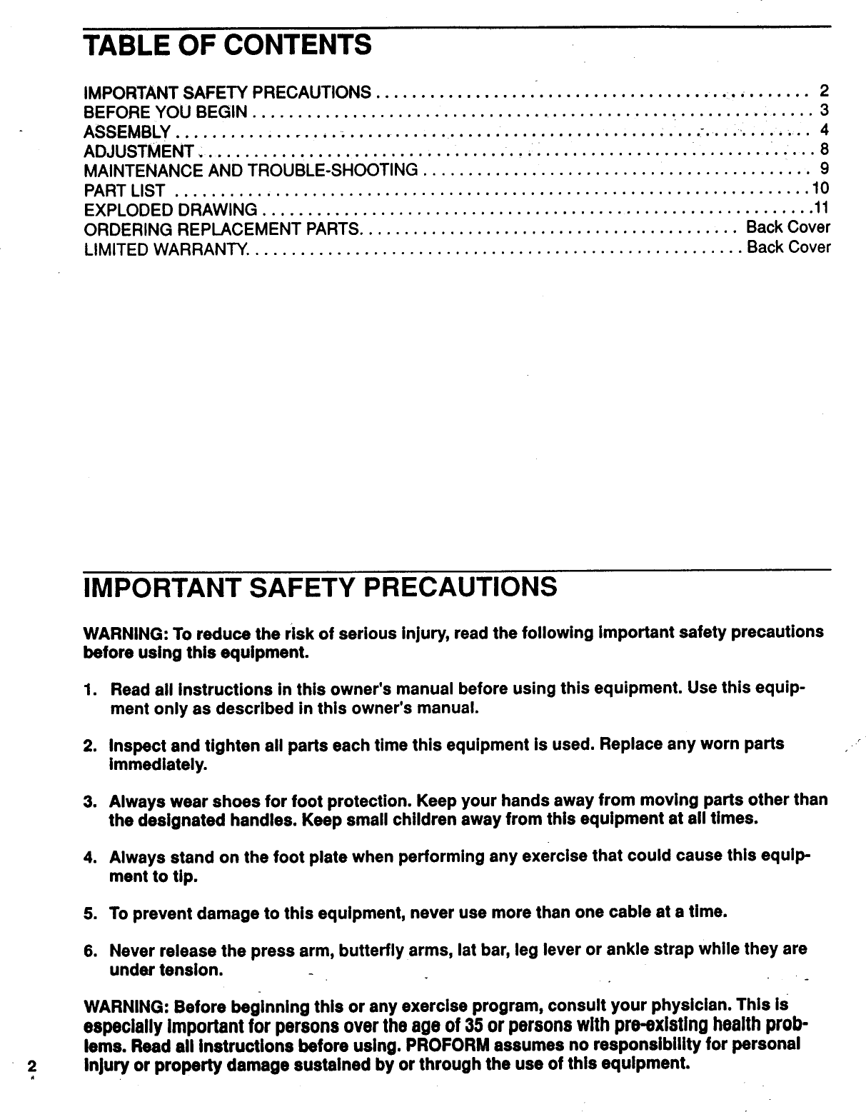 Page 2 of 12 - Proform Proform-Pf832220-System-2-Users-Manual-  Proform-pf832220-system-2-users-manual