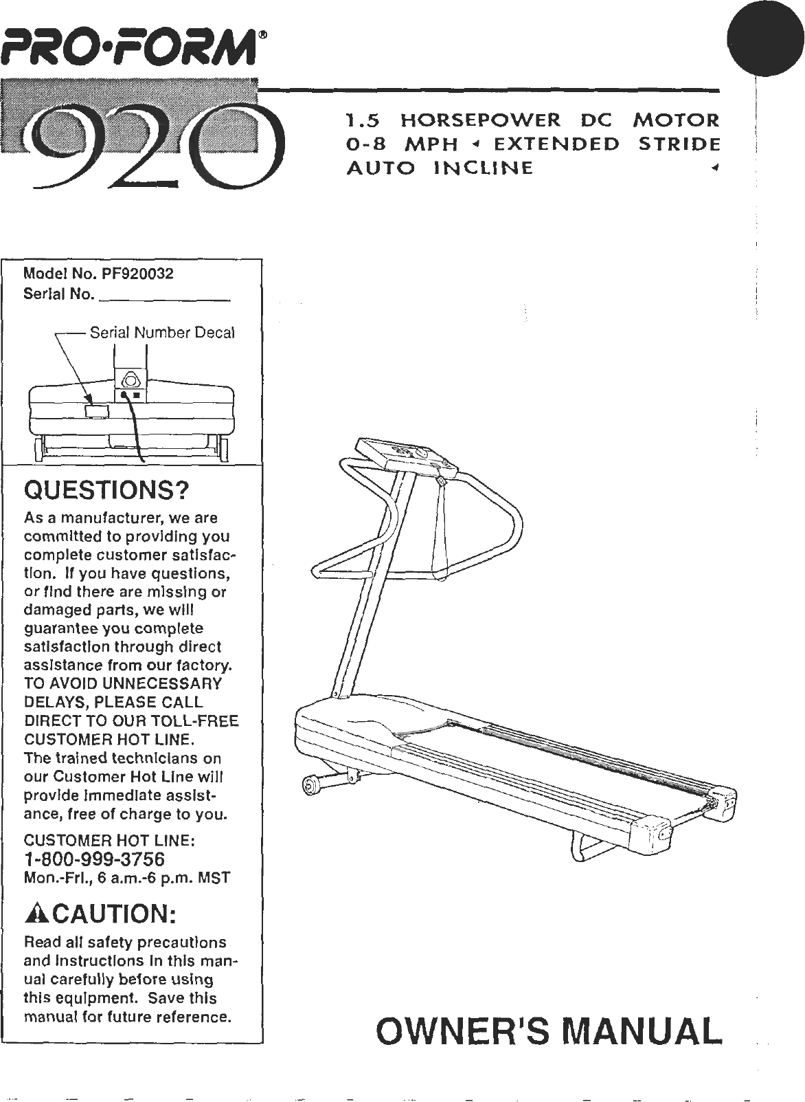 Proform Pf920032 920 Treadmill Users Manual