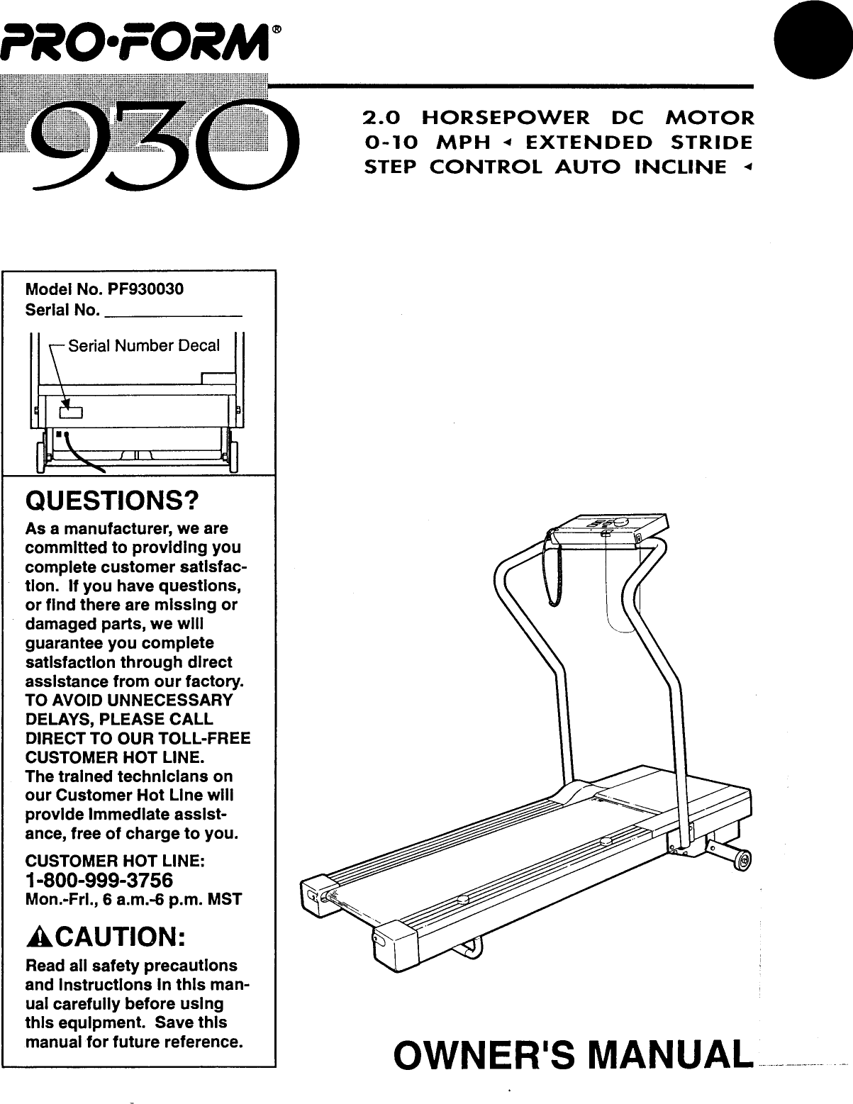 Proform R 930 Proform Pf930030 930 Treadmill Users Manual