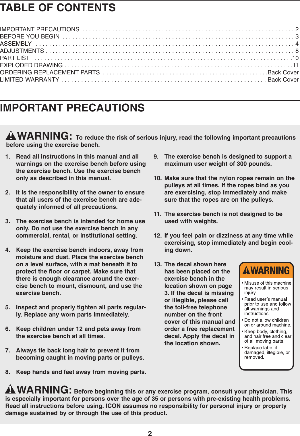 Page 2 of 12 - Proform Proform-Pfbe13550-Core-Tech-Bench-Users-Manual- PFBE1355.0-232071  Proform-pfbe13550-core-tech-bench-users-manual
