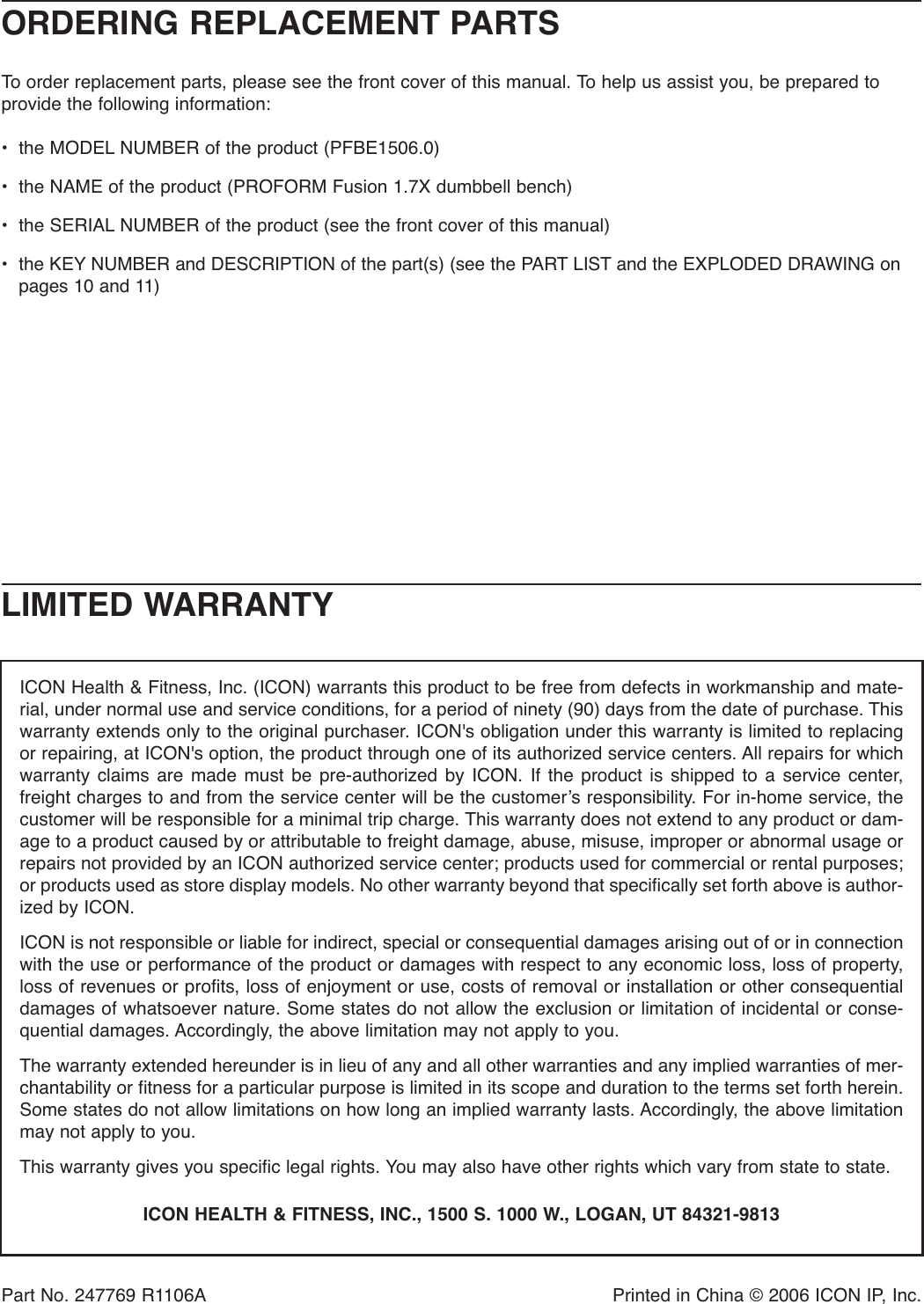 Page 12 of 12 - Proform Proform-Pfbe15060-Fusion-1-7X-Bench-Users-Manual- PFEL39031-208048  Proform-pfbe15060-fusion-1-7x-bench-users-manual