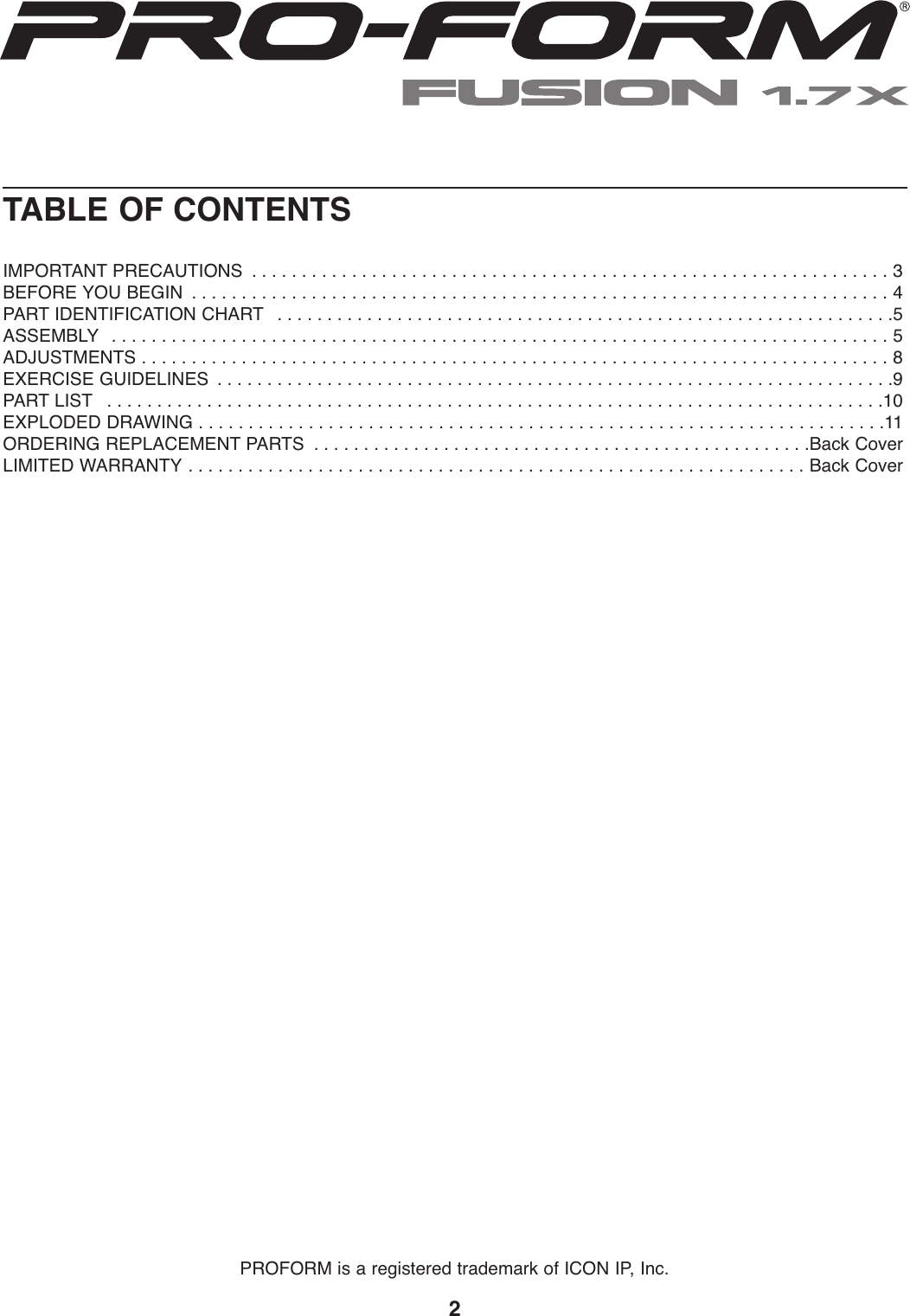 Page 2 of 12 - Proform Proform-Pfbe15060-Fusion-1-7X-Bench-Users-Manual- PFEL39031-208048  Proform-pfbe15060-fusion-1-7x-bench-users-manual
