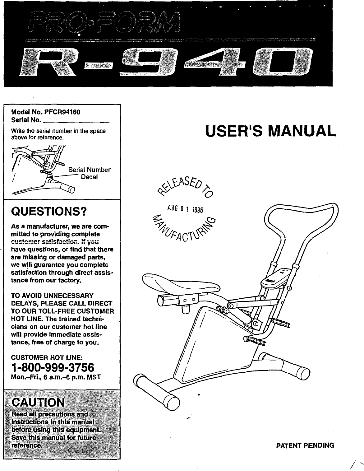 Proform Pfcr94160 R940 Rider Users Manual