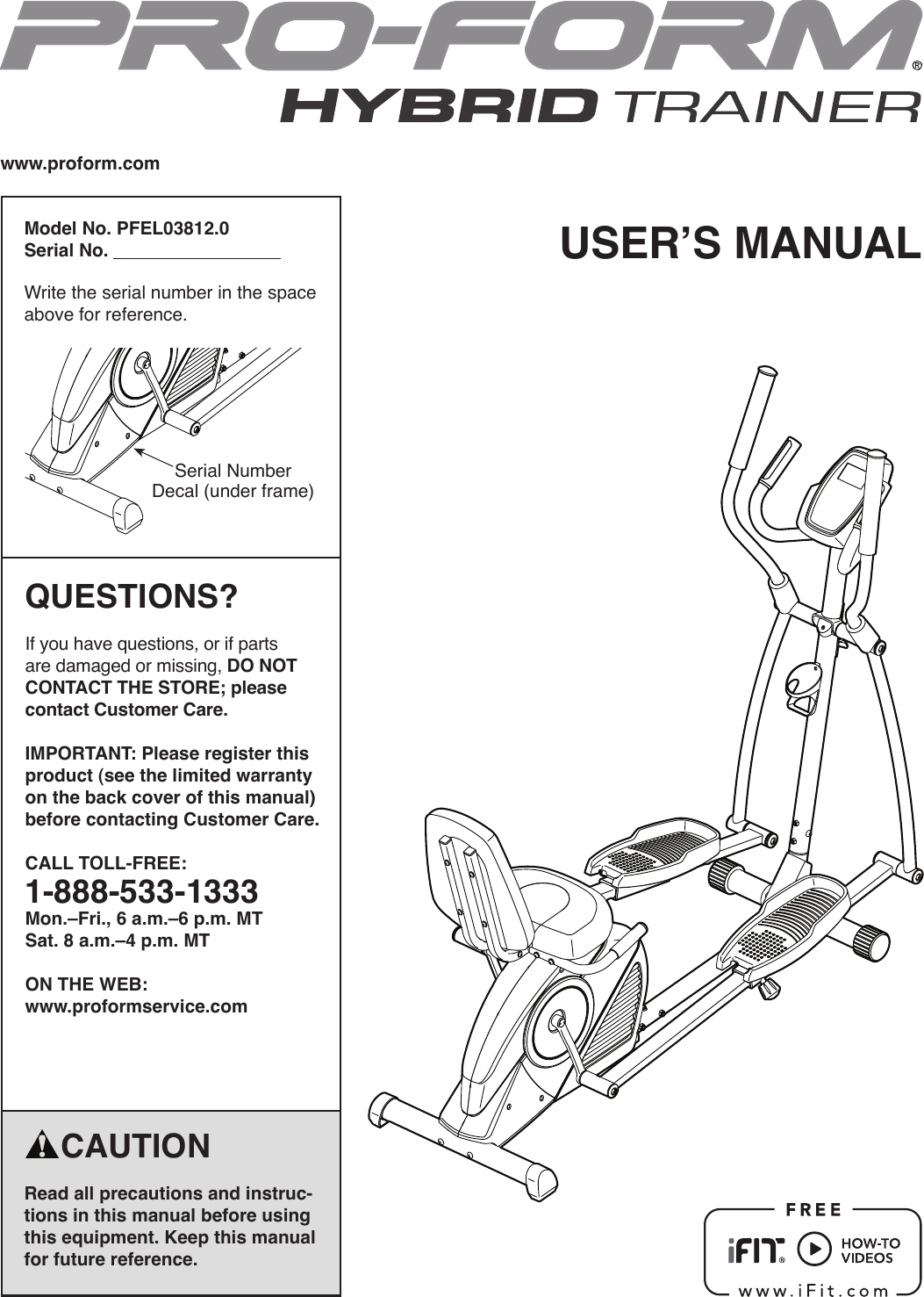 Proform Pfel038120 Hybrid Trainer Bike Users Manual