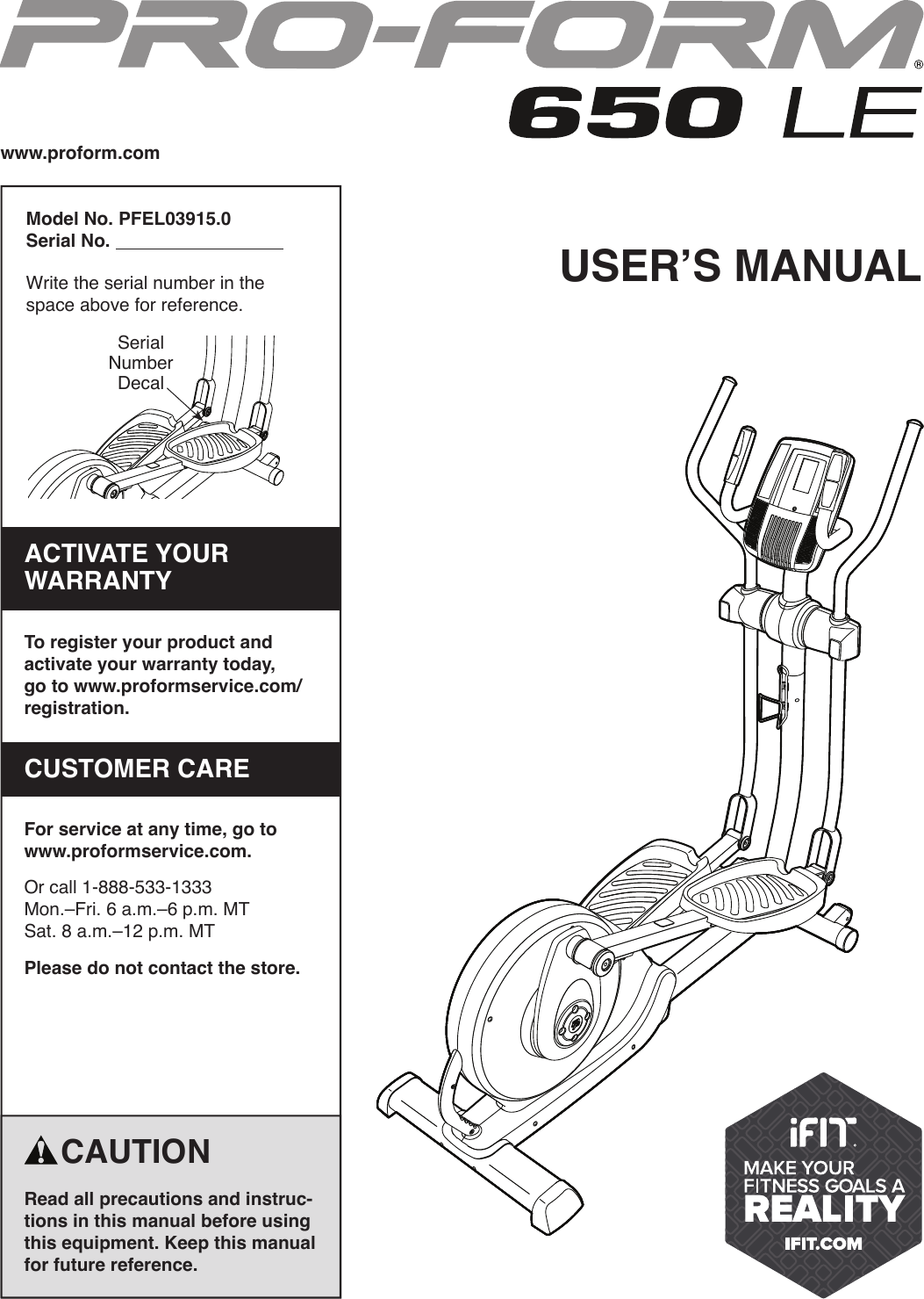 Proform Pfel039150 650 Le Elliptical Users Manual