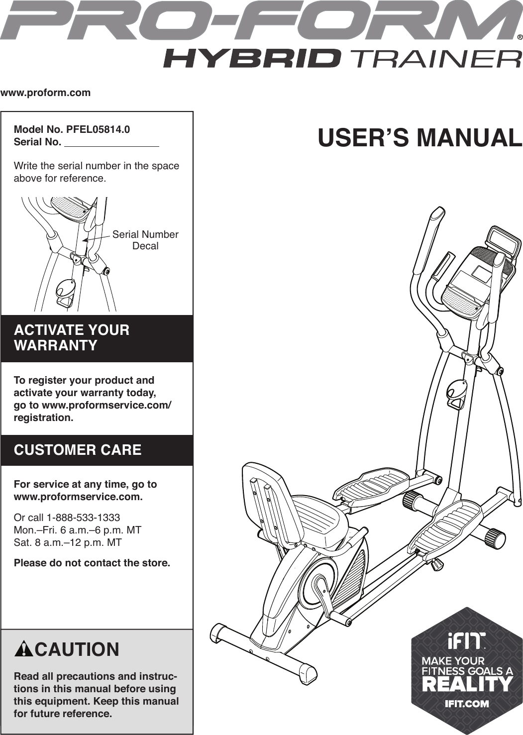 Proform Pfel058140 Hybrid Trainer Elliptical Users Manual