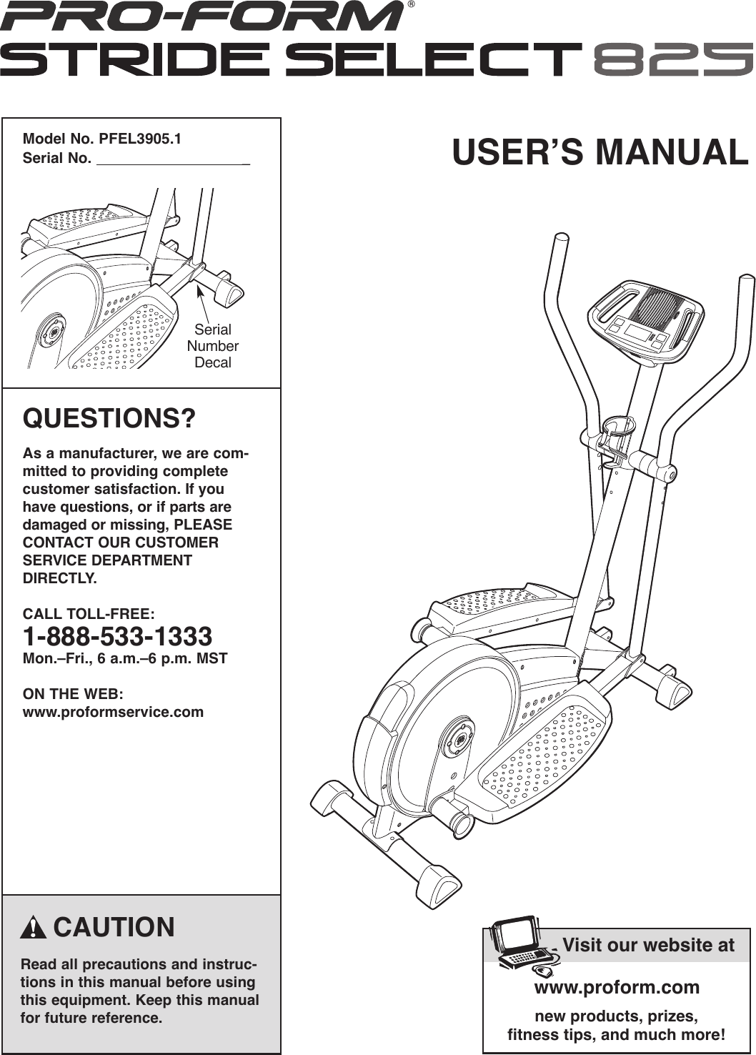 Proform Pfel39051 Strideselect 825 Elliptical Users Manual PFEL39031 208048