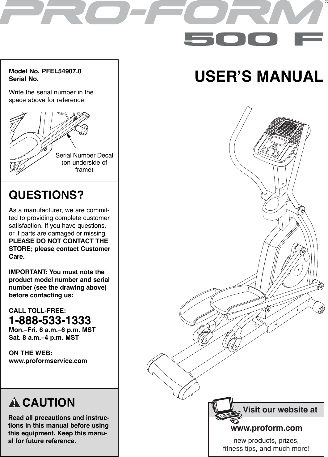 Proform Pfel549070 500 F Elliptical Users Manual PFEL54907.0 255052