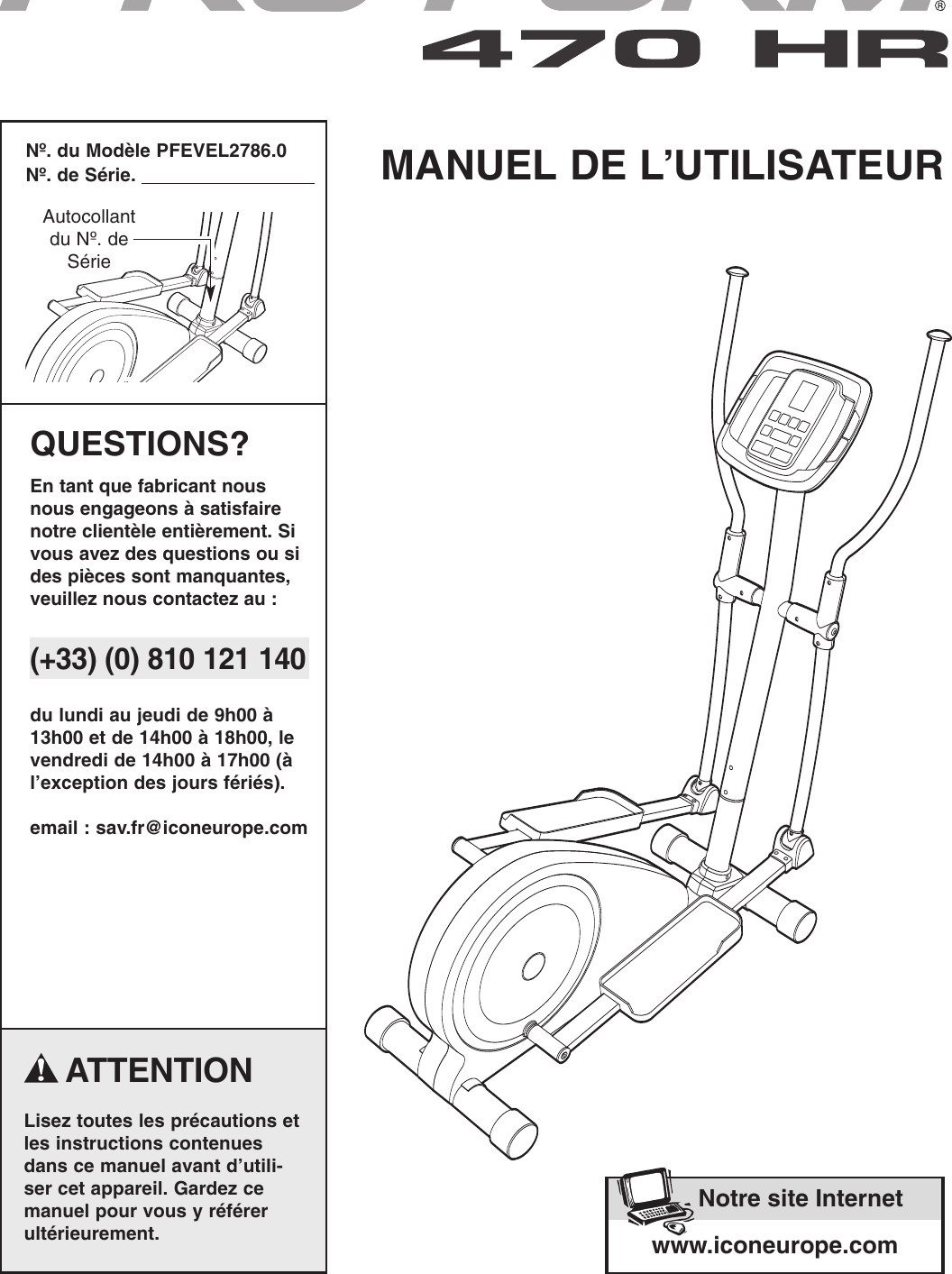 Proform Pfevel27860 470 Hr Elliptical Users Manual WLEL20130 199036