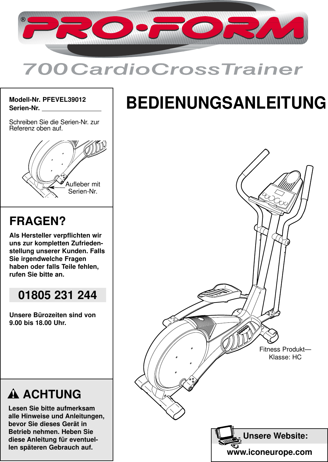 Proform Pfevel39012 700 Cardio Crosstrainer Elliptical Users Manual