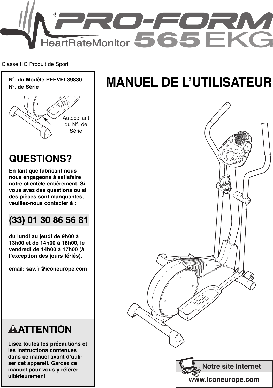 Proform Pfevel39830 565 Ekg Elliptical Users Manual *PFEVEL39830 200708(FR)