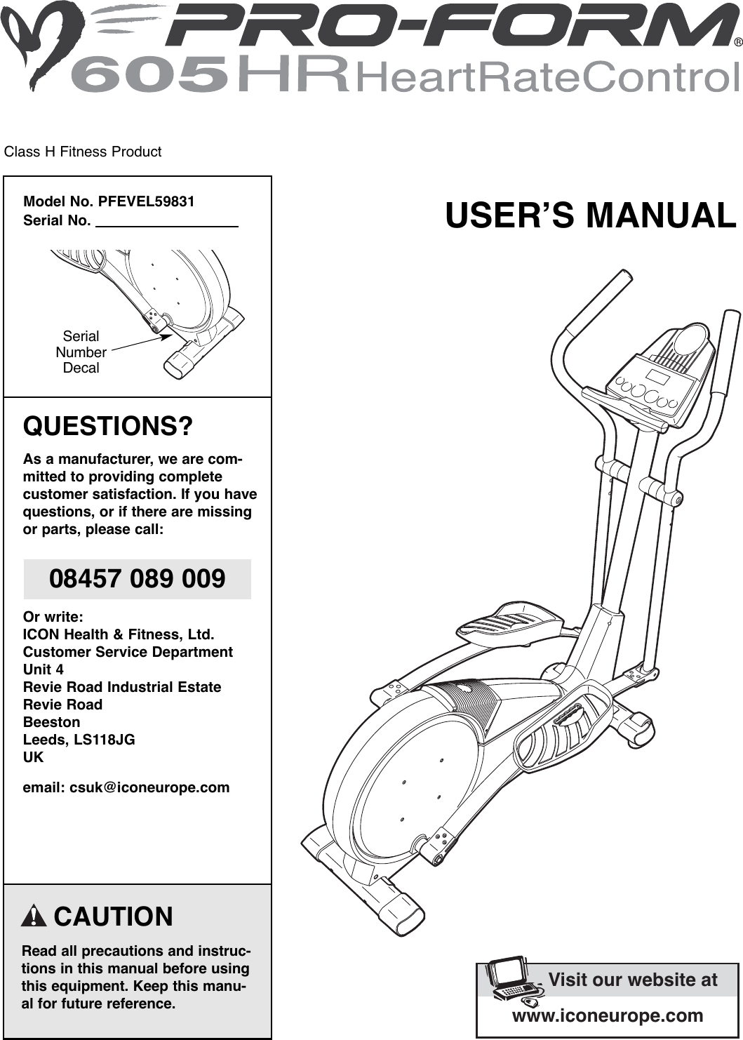 Proform Pfevel59831 605 Hr Elliptical Users Manual *PFEVEL59831 213581(UK)