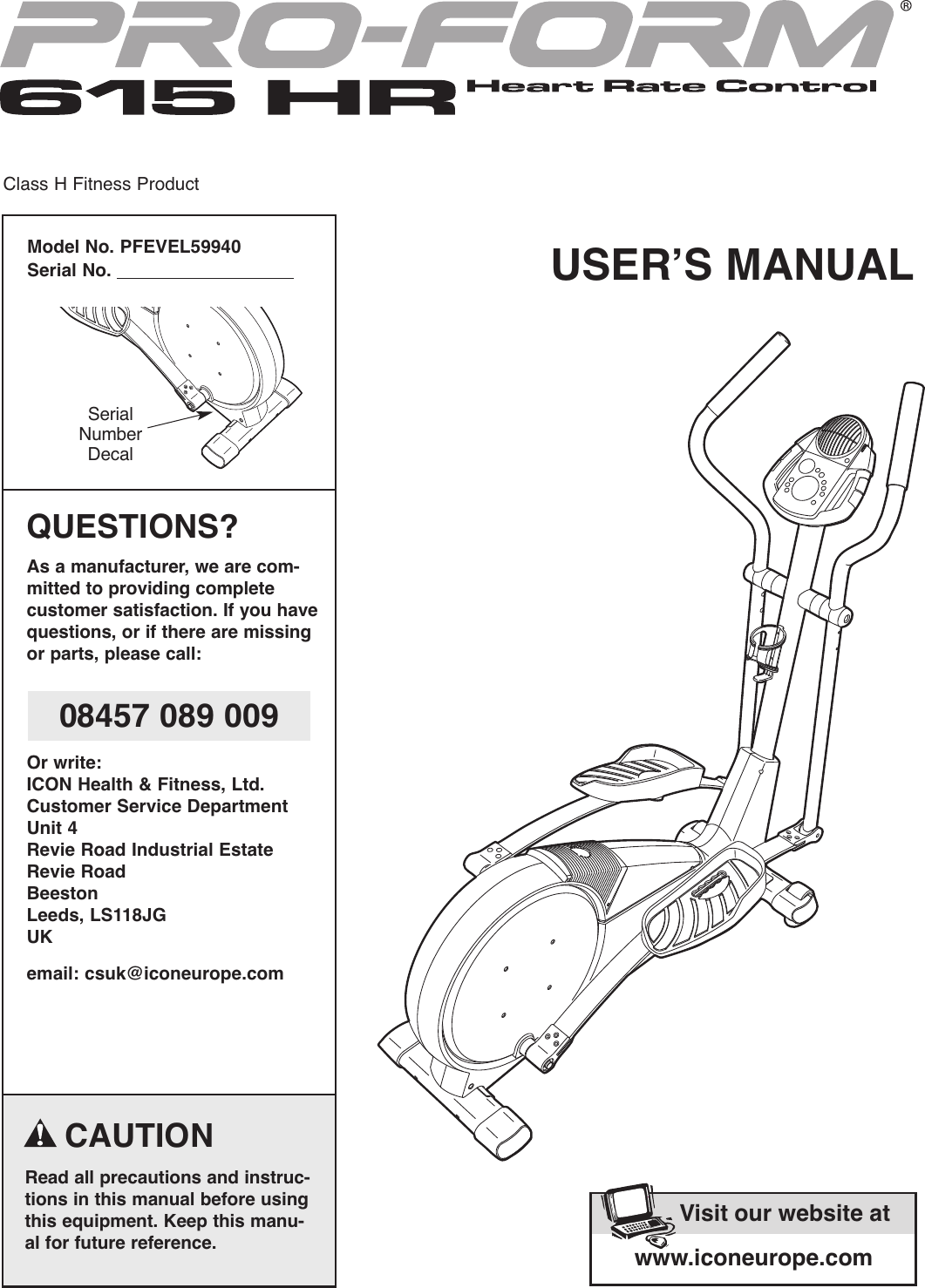 Proform Pfevel59940 615 Hr Elliptical Users Manual 285430