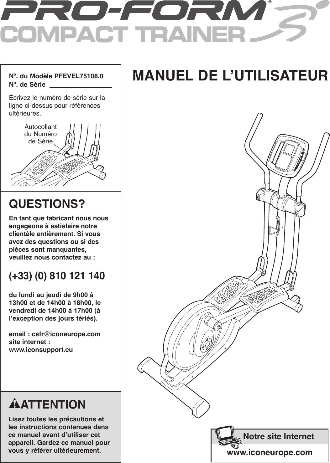 Proform Pfevel751080 Compact Trainer Elliptical Users Manual 285430