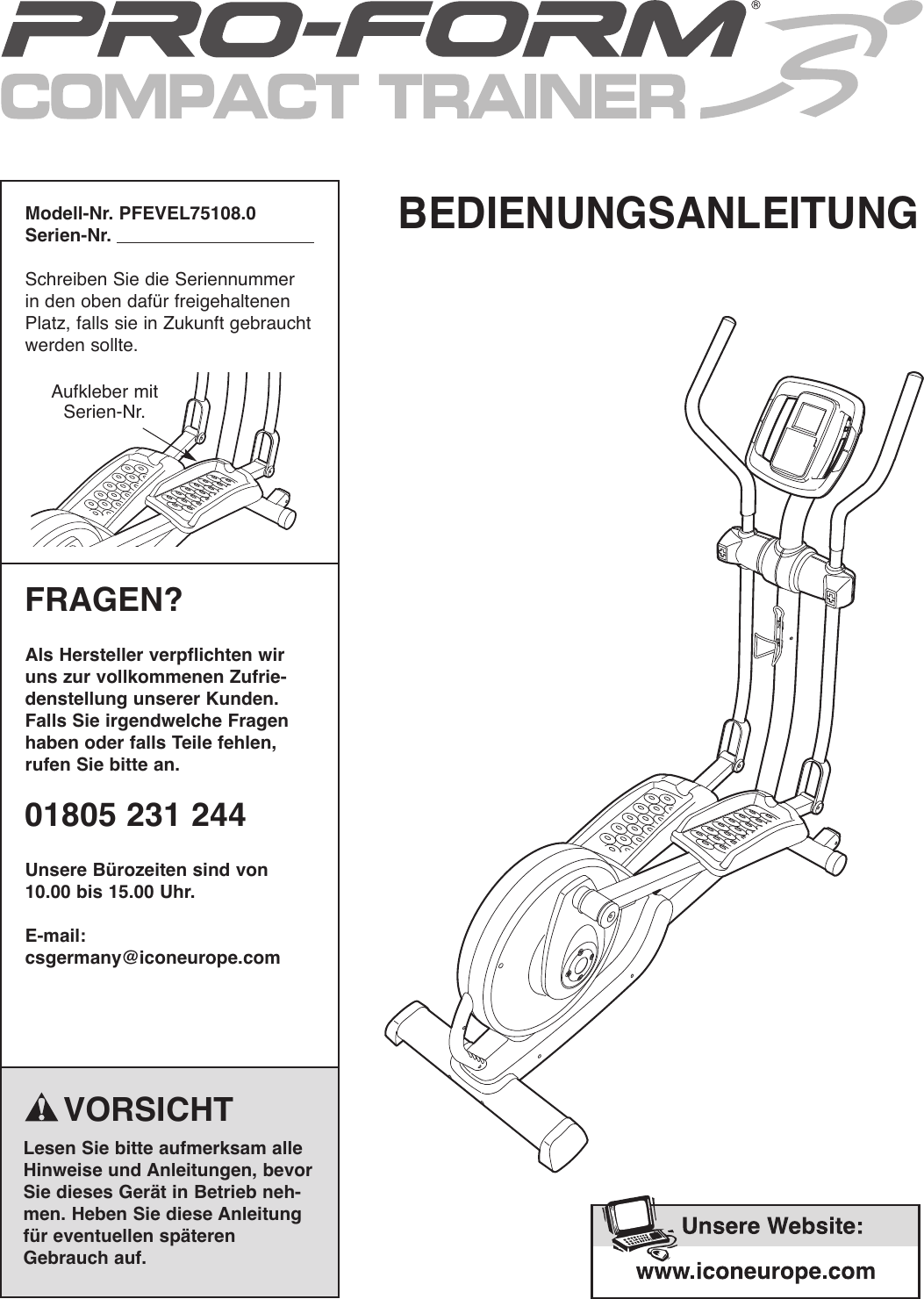 Proform Pfevel751080 Compact Trainer Elliptical Users Manual 285430