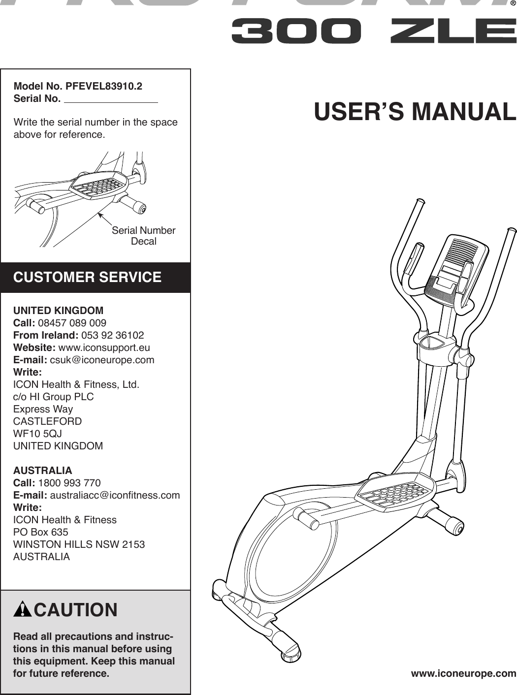 Proform Pfevel839102 300 Zle Elliptical Users Manual
