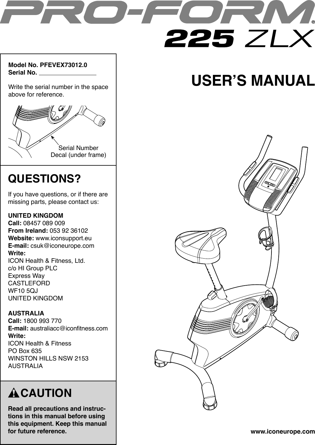 Proform Pfevex730120 225 Zlx Bike Users Manual