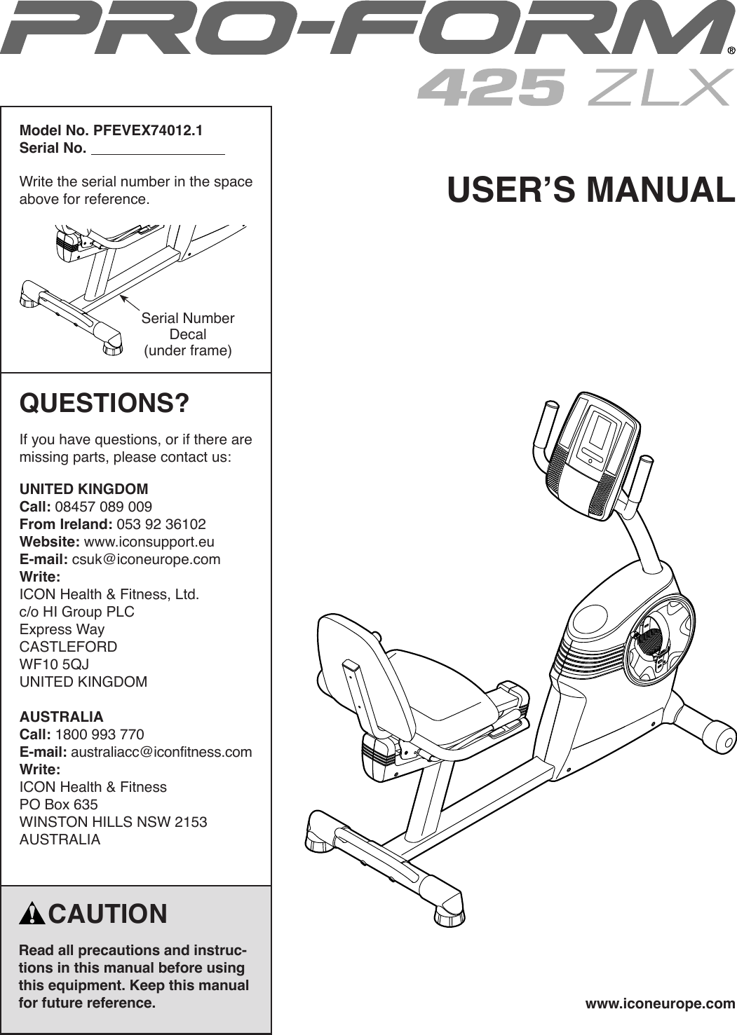 Proform Pfevex740121 425 Zlx Bike Users Manual