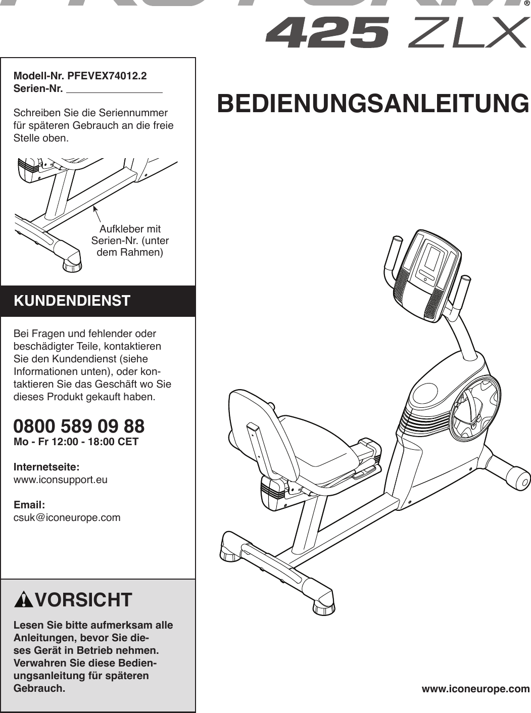 Proform Pfevex740122 425 Zlx Bike Users Manual