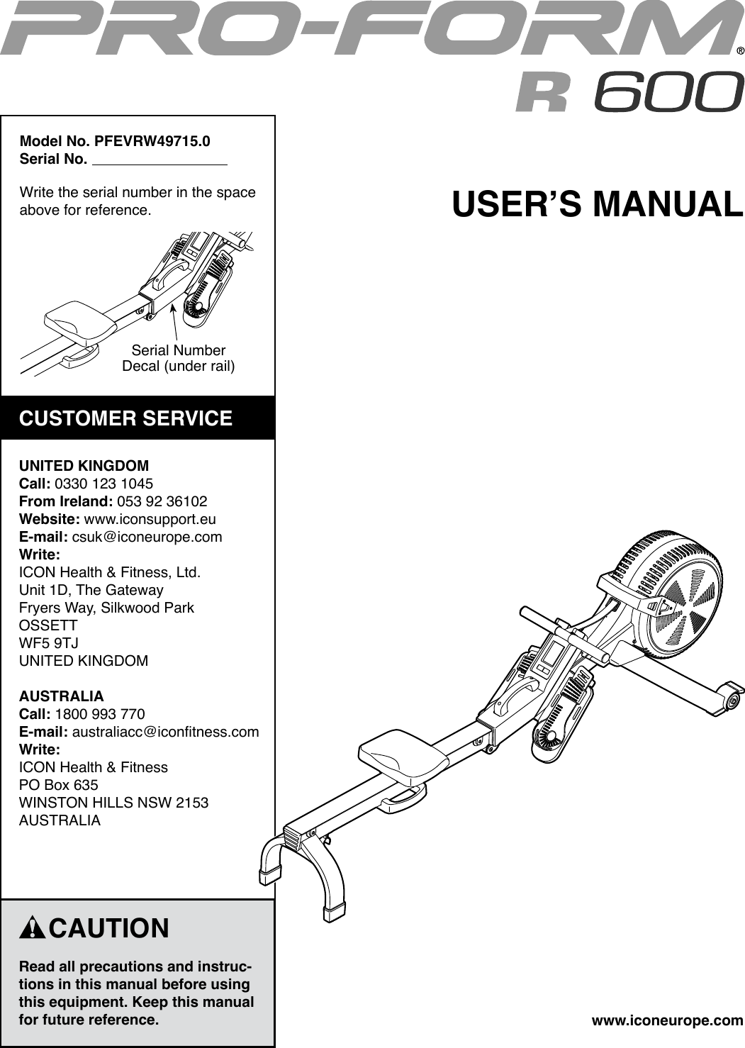 Proform Pfevrw497150 R 600 Rower Users Manual