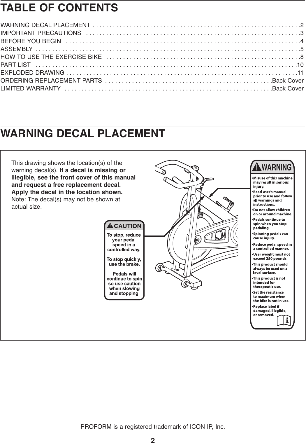 Page 2 of 12 - Proform Proform-Pfex029092-290-Spx-Bike-Users-Manual- 285430  Proform-pfex029092-290-spx-bike-users-manual