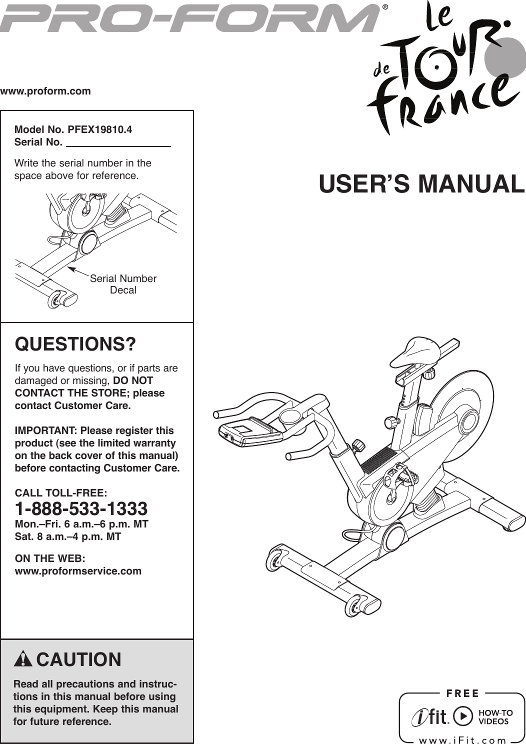 Proform Pfex198104 1350 Bike Users Manual 285430