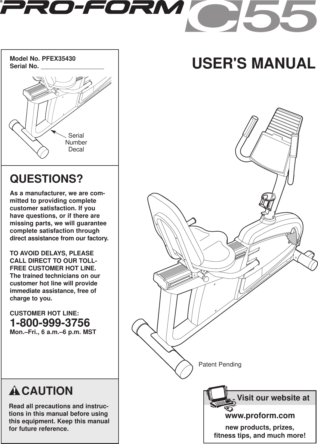 Proform Pfex35430 C55 Bike Users Manual *PFEX35430 198902