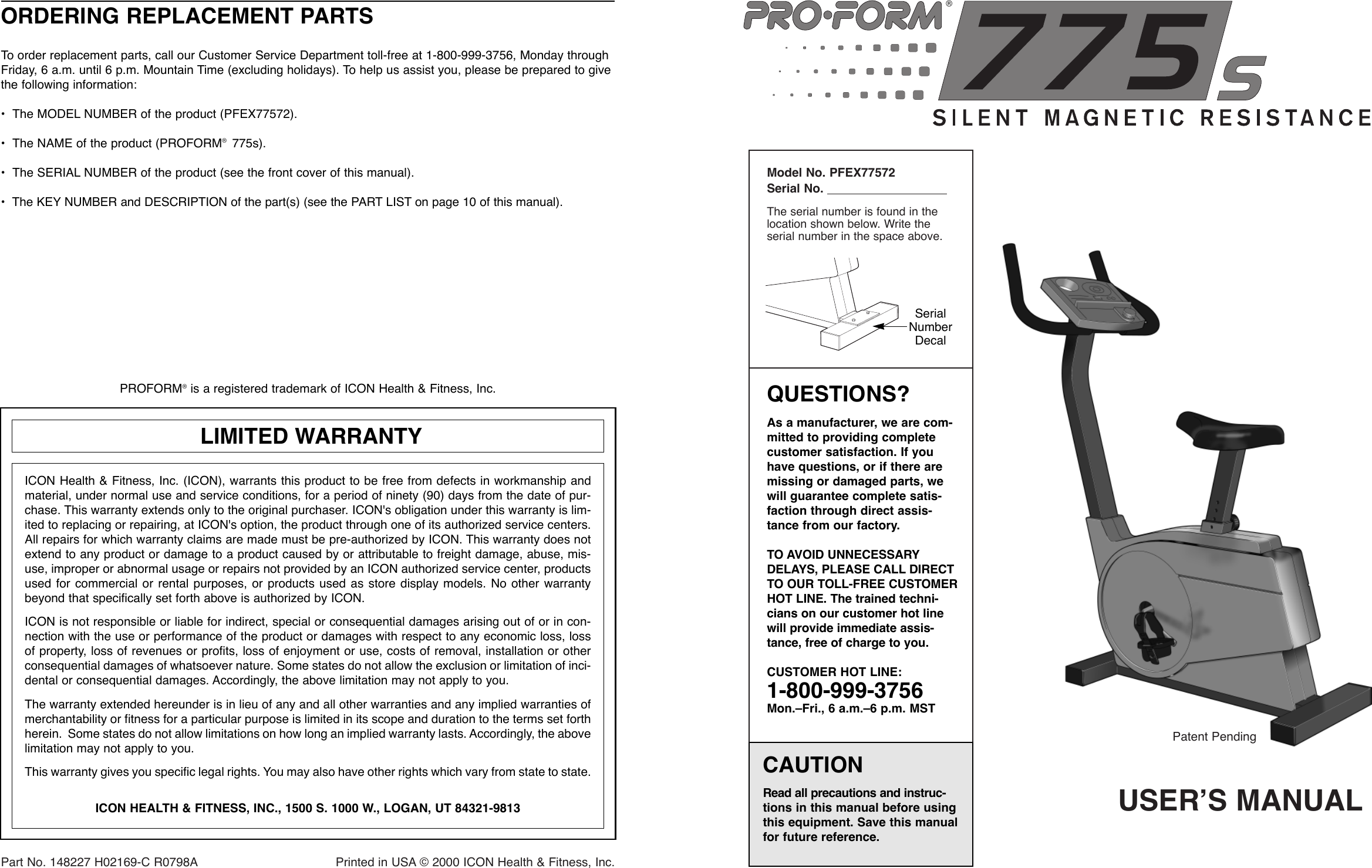 Page 1 of 6 - Proform Proform-Pfex77572-775S-Bike-Users-Manual- *PFEX77572-148227  Proform-pfex77572-775s-bike-users-manual
