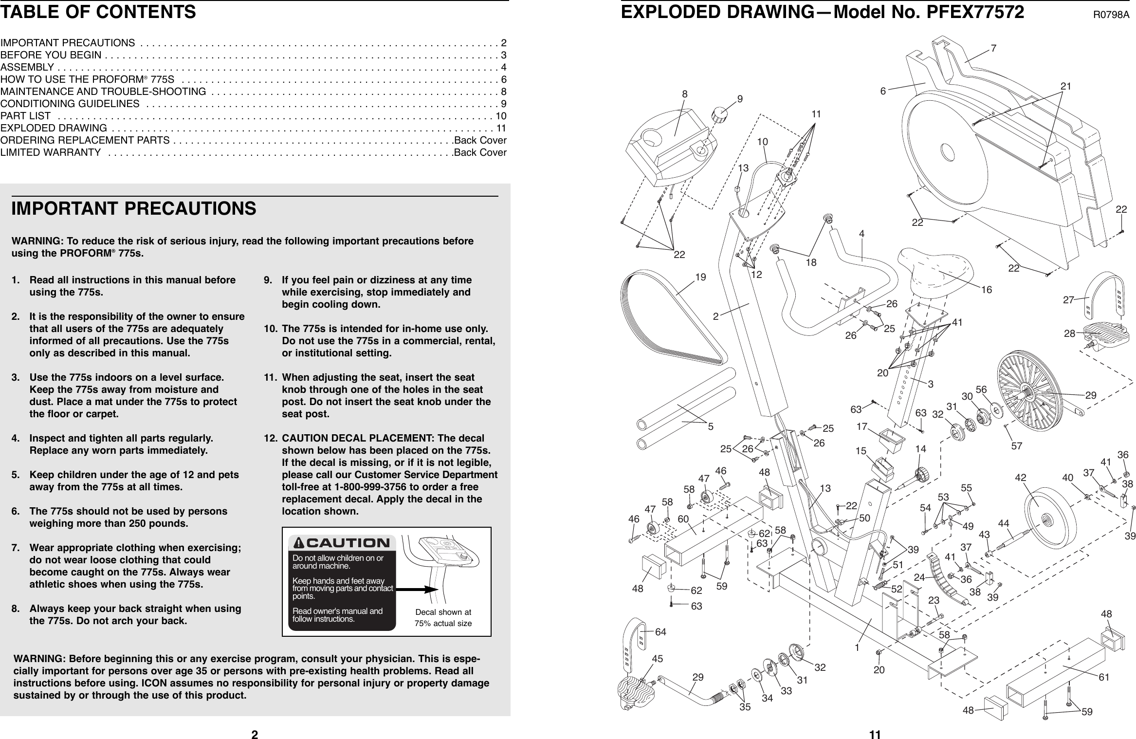 Page 2 of 6 - Proform Proform-Pfex77572-775S-Bike-Users-Manual- *PFEX77572-148227  Proform-pfex77572-775s-bike-users-manual