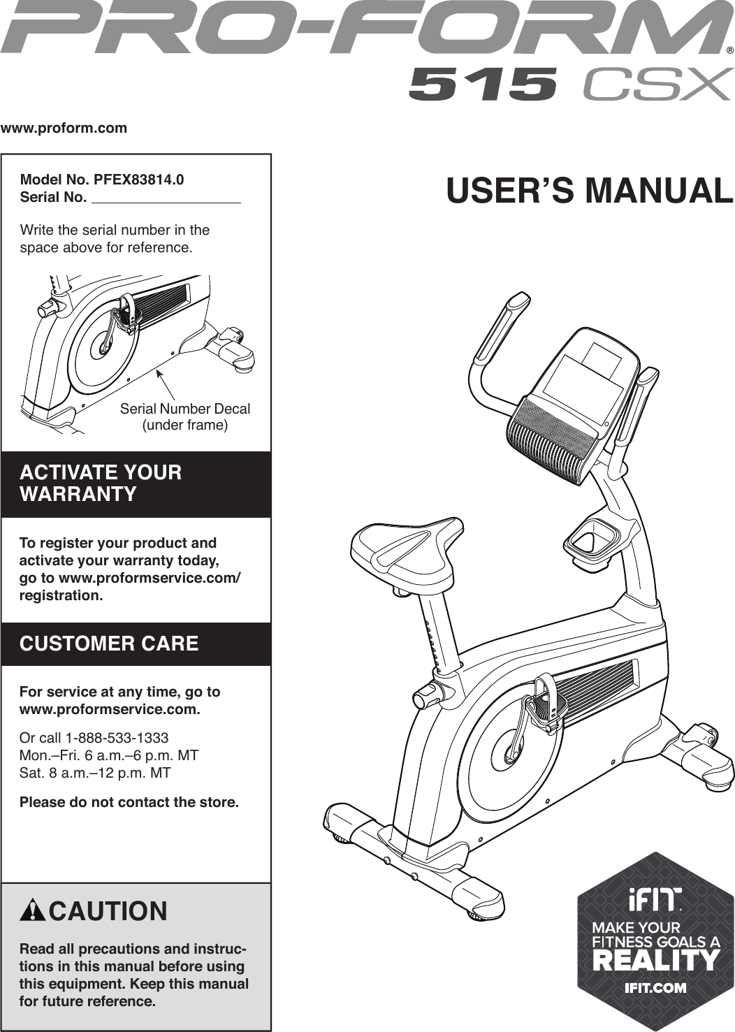 Proform Pfex838140 515 Csx Bike Users Manual